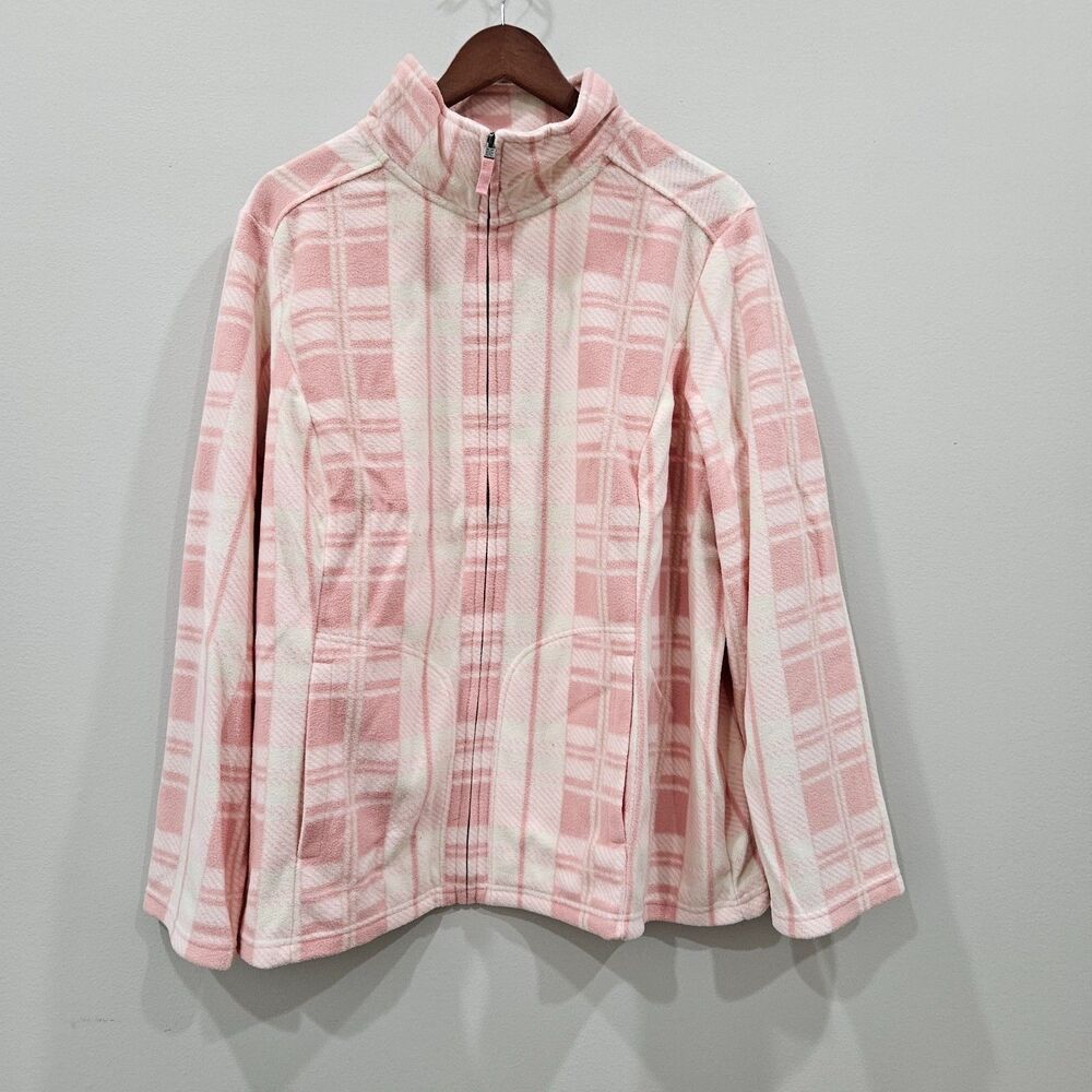 Liz Claiborne Womens Plaid Fleece Jacket Plus Sze 2X Pink Ivory Full Zip Outdoor